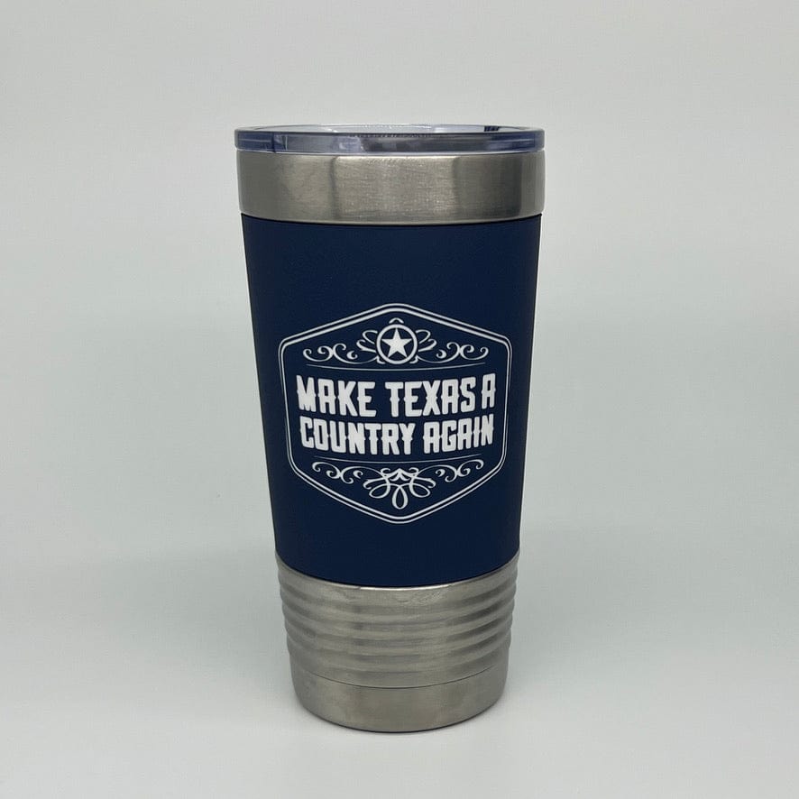 MATACA Tumbler Make Texas A Country Again Legacy Scroll Design Navy & White Silicone Grip 20 oz. Tumbler
