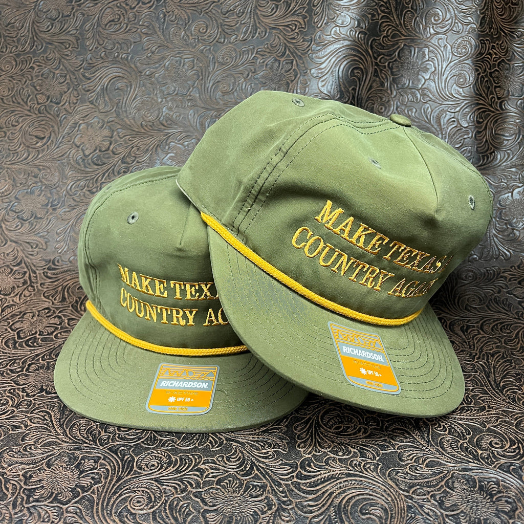 MATACA Hat The River Runner - Make Texas A Country Again - Richardson 256 Performance Cloth Rope Flat Hat - Gold on Olive Gold on Green - Make Texas A Country Again - R256 Cloth Rope Flat Hat