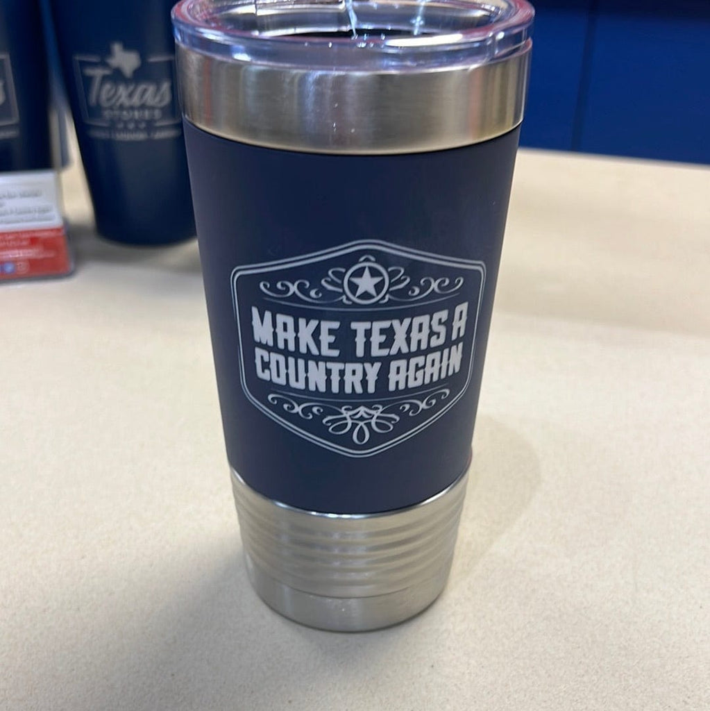 MATACA Drinkware Make Texas A Country Again Legacy Scroll Design Navy & White Silicone Grip 20 oz. Tumbler